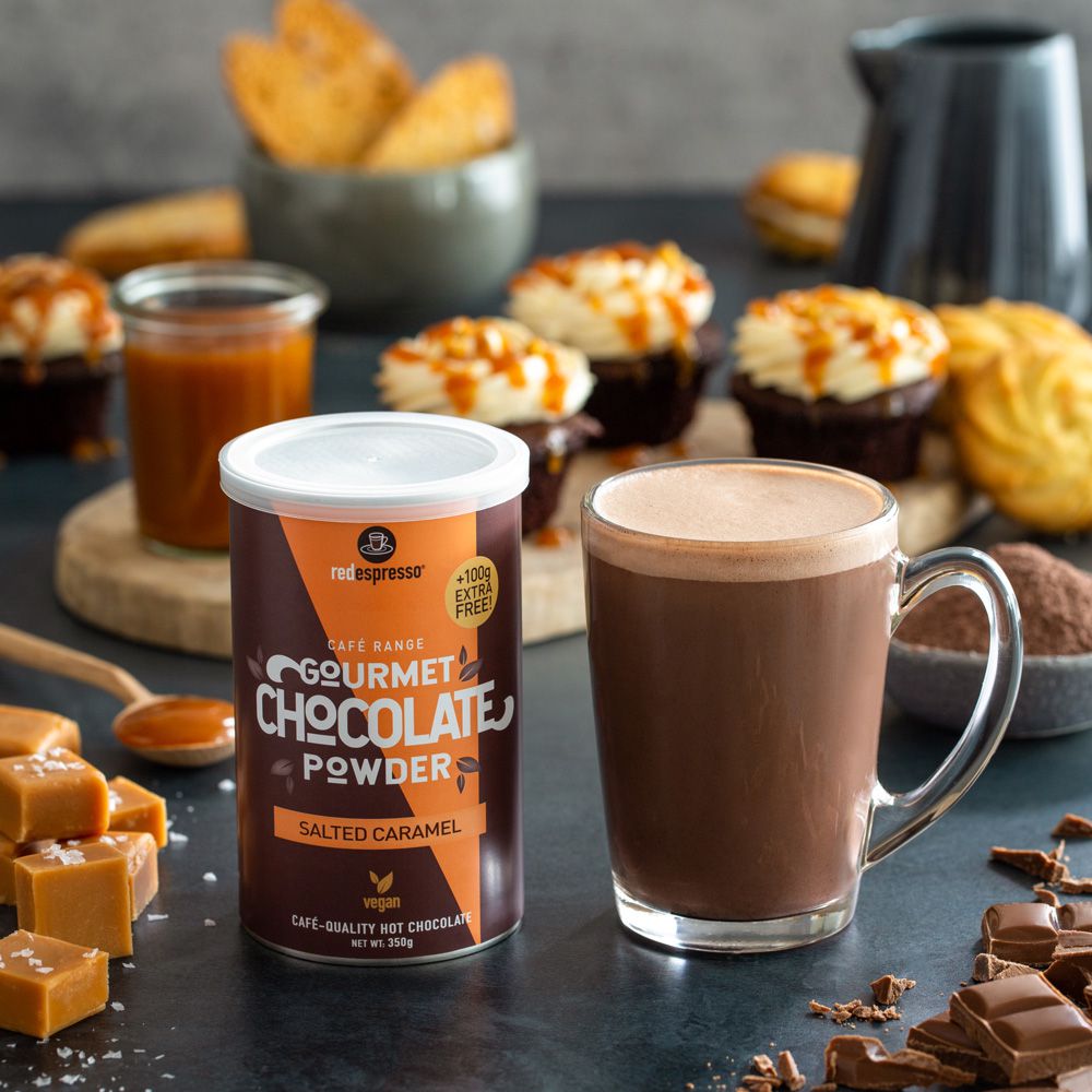 Salted caramel hot chocolate 350g tin – vegan friendly